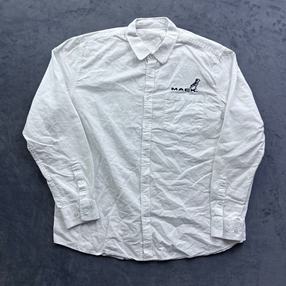 Mack Trucks Mens White Linen Cotton Blend Long Sleeve Button Down Shirt XL